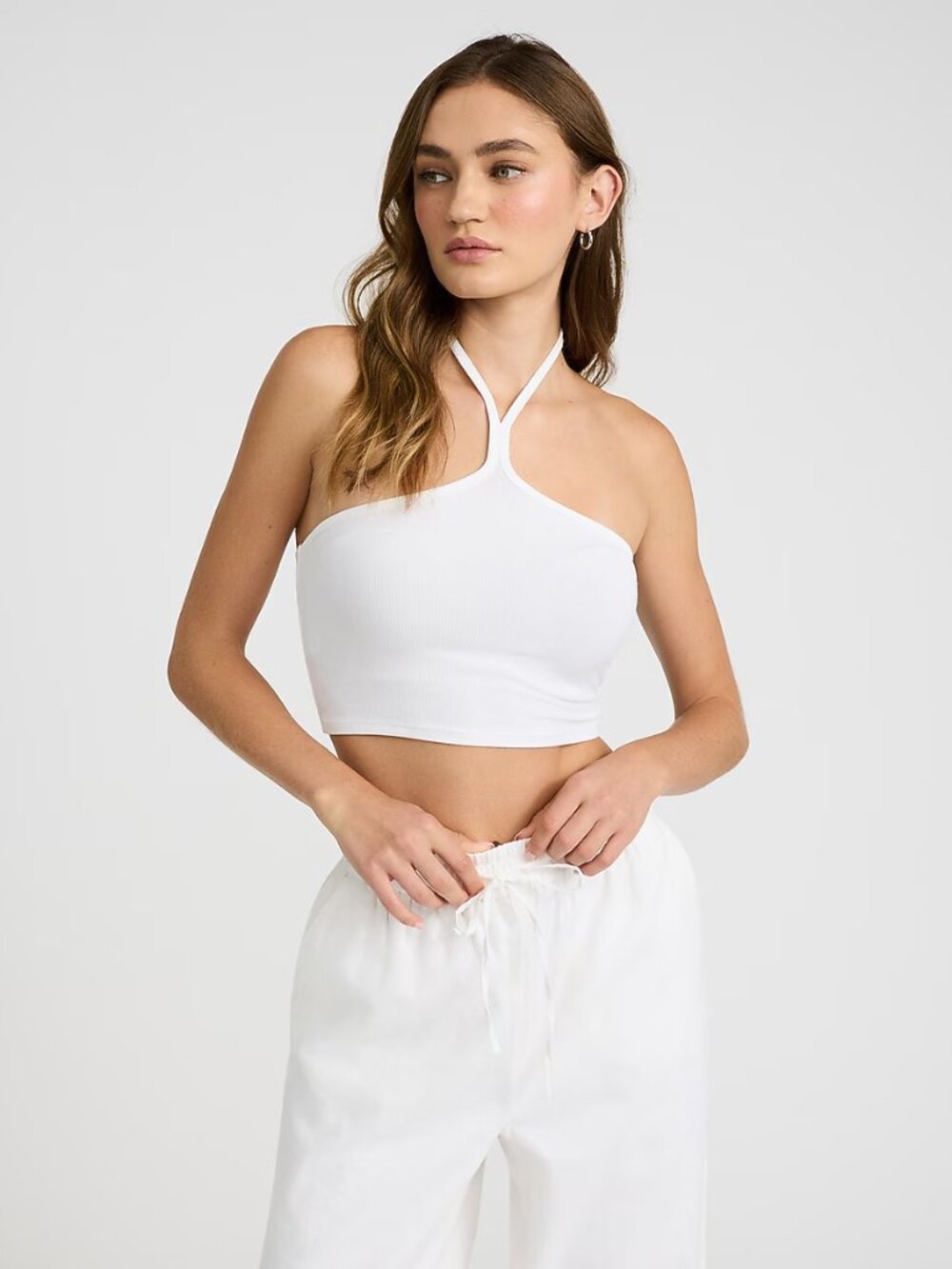 Express Fitted Ribbed Halter Cropped Tank Top White - Picture 2 of 8